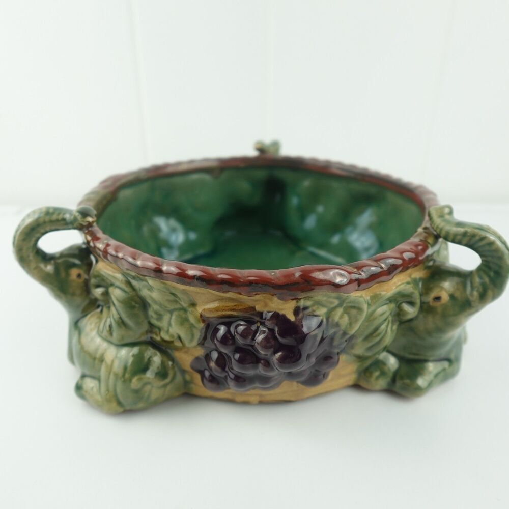 Majolica Art Pottery Elephant & Grapes Planter Glazed Planter Pot Bowl